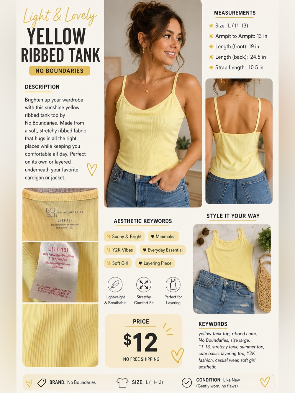 No Boundaries Lemon Yellow Cowl Neck Camisole